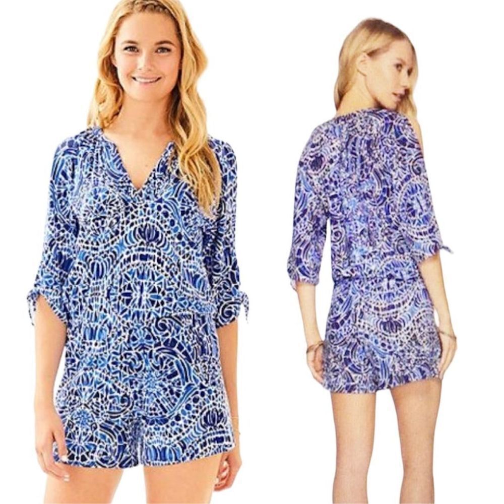 Lilly Pulitzer Cobalt Blue Bryce Bright Navy Taverna Tile Allover Romper Siz XXS